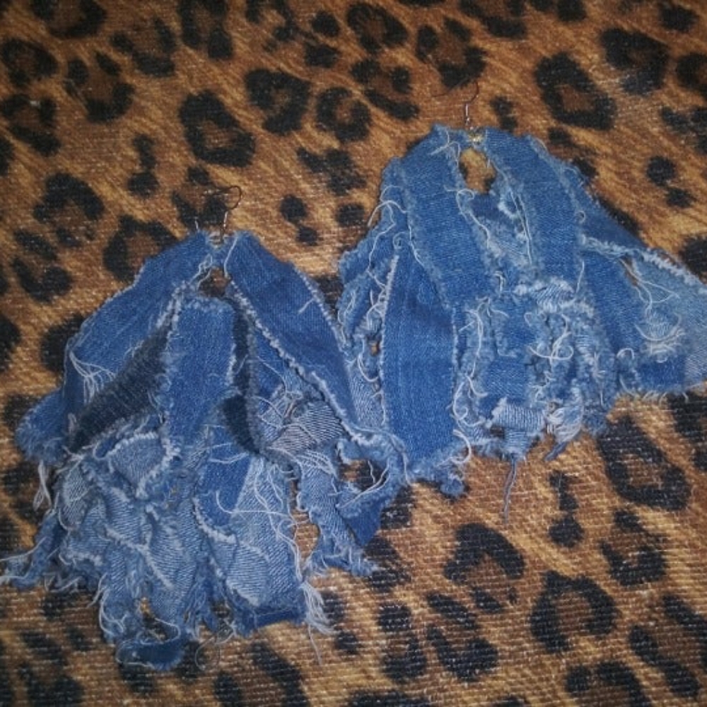 Large denim fringe earrings